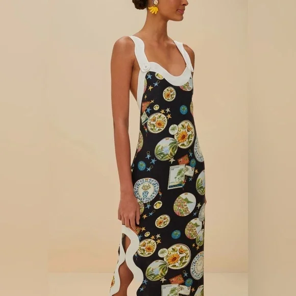 New! FARM RIO Souvenir Wave Midi Linen Dress 🧳☀️🌊 XS NWT! - Picture 5 of 16